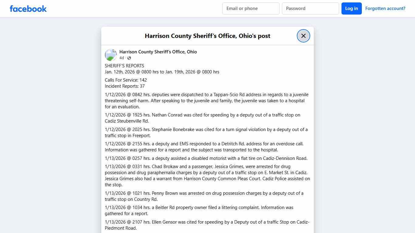 SHERIFF’S REPORTS... - Harrison County Sheriff’s Office, Ohio Facebook